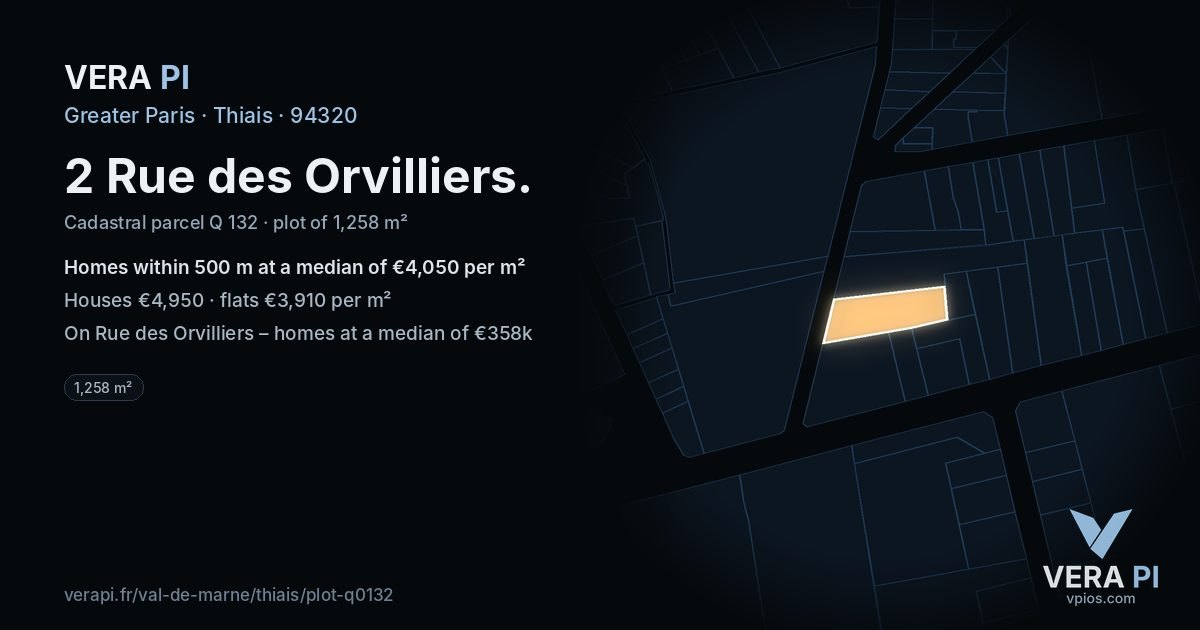 2 Rue des Orvilliers, Thiais at night – the plot lit, the parcels around coloured by the prices near them