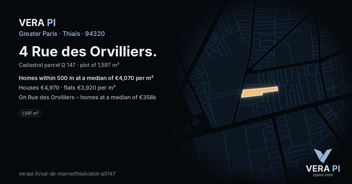 4 Rue des Orvilliers, Thiais at night – the plot lit, the parcels around coloured by the prices near them