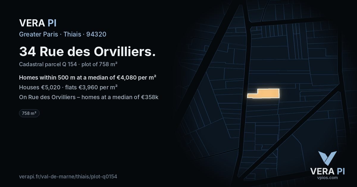 34 Rue des Orvilliers, Thiais at night – the plot lit, the parcels around coloured by the prices near them