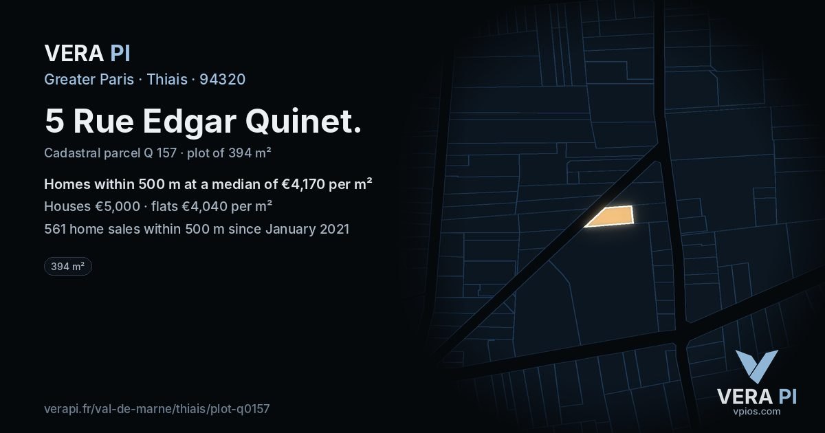5 Rue Edgar Quinet, Thiais at night – the plot lit, the parcels around coloured by the prices near them