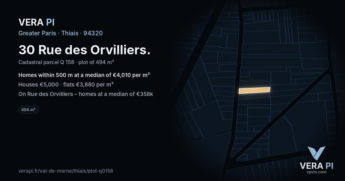 30 Rue des Orvilliers, Thiais at night – the plot lit, the parcels around coloured by the prices near them