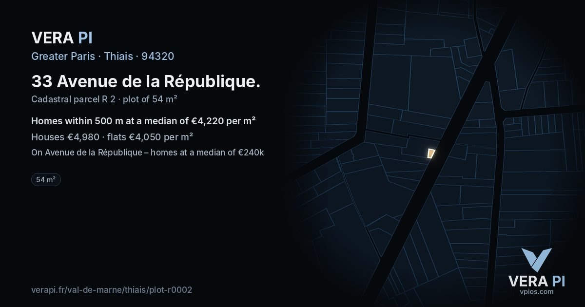 33 Avenue de la République, Thiais at night – the plot lit, the parcels around coloured by the prices near them