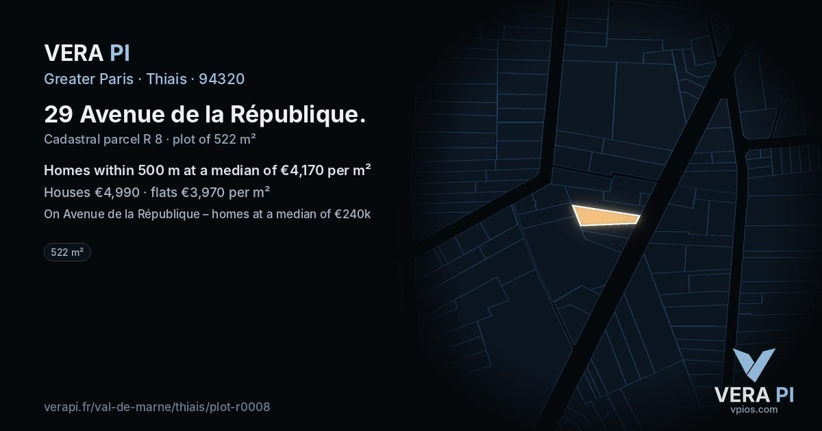 29 Avenue de la République, Thiais at night – the plot lit, the parcels around coloured by the prices near them