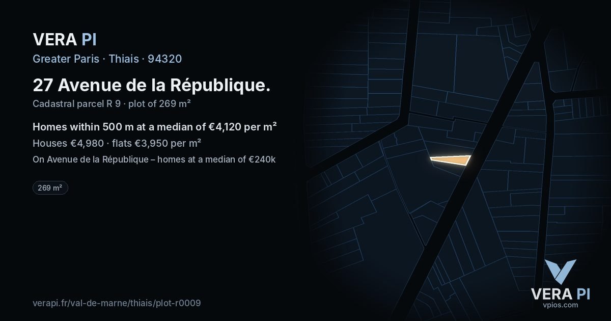 27 Avenue de la République, Thiais at night – the plot lit, the parcels around coloured by the prices near them