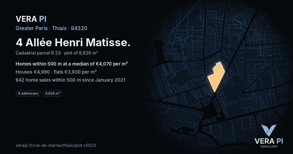 4 Allée Henri Matisse, Thiais at night – the plot lit, the parcels around coloured by the prices near them