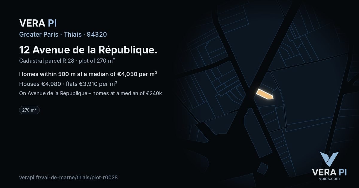 12 Avenue de la République, Thiais at night – the plot lit, the parcels around coloured by the prices near them