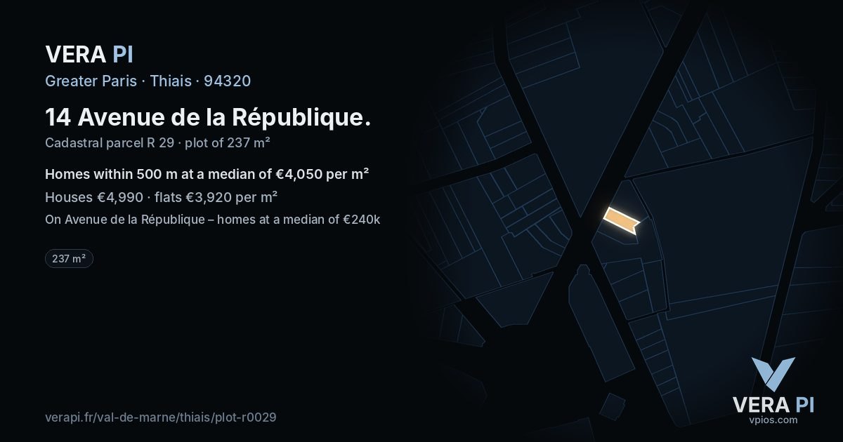 14 Avenue de la République, Thiais at night – the plot lit, the parcels around coloured by the prices near them