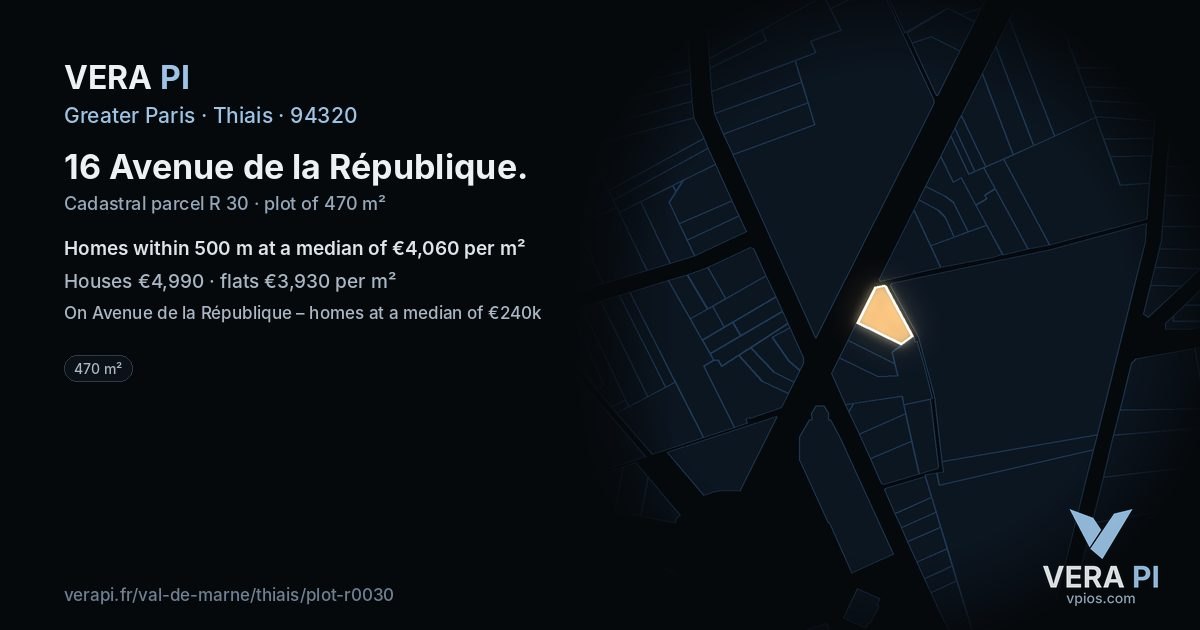 16 Avenue de la République, Thiais at night – the plot lit, the parcels around coloured by the prices near them