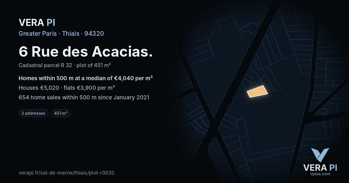 6 Rue des Acacias, Thiais at night – the plot lit, the parcels around coloured by the prices near them