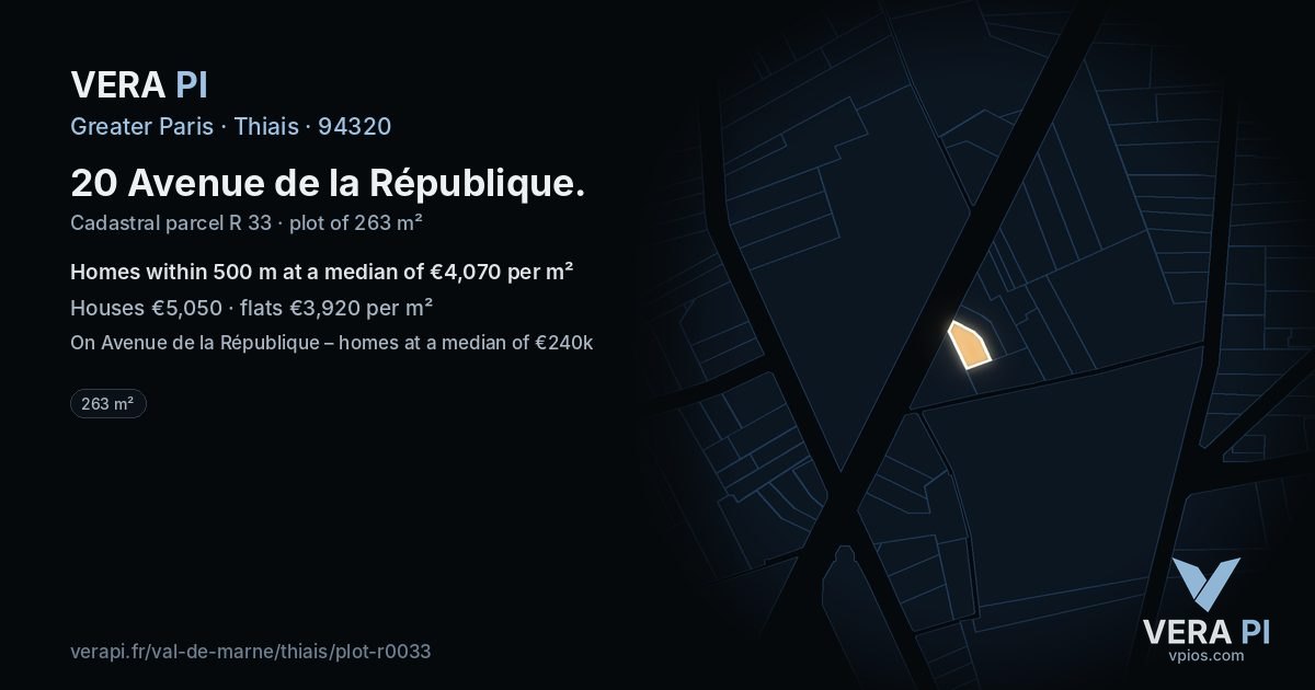 20 Avenue de la République, Thiais at night – the plot lit, the parcels around coloured by the prices near them