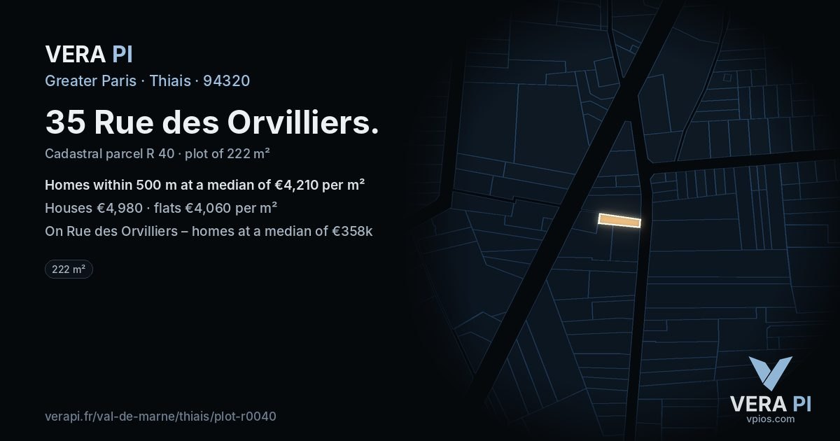 35 Rue des Orvilliers, Thiais at night – the plot lit, the parcels around coloured by the prices near them