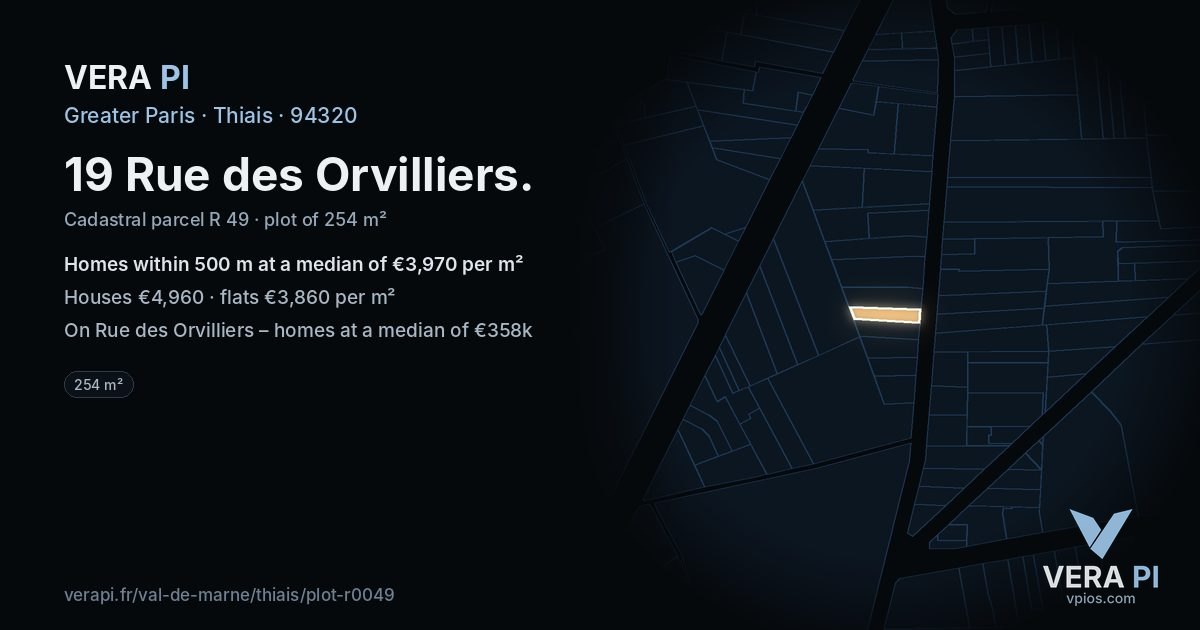 19 Rue des Orvilliers, Thiais at night – the plot lit, the parcels around coloured by the prices near them