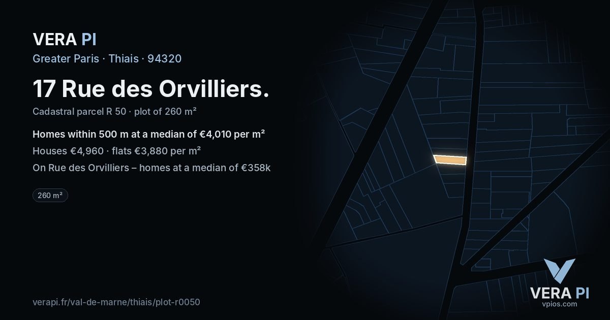 17 Rue des Orvilliers, Thiais at night – the plot lit, the parcels around coloured by the prices near them