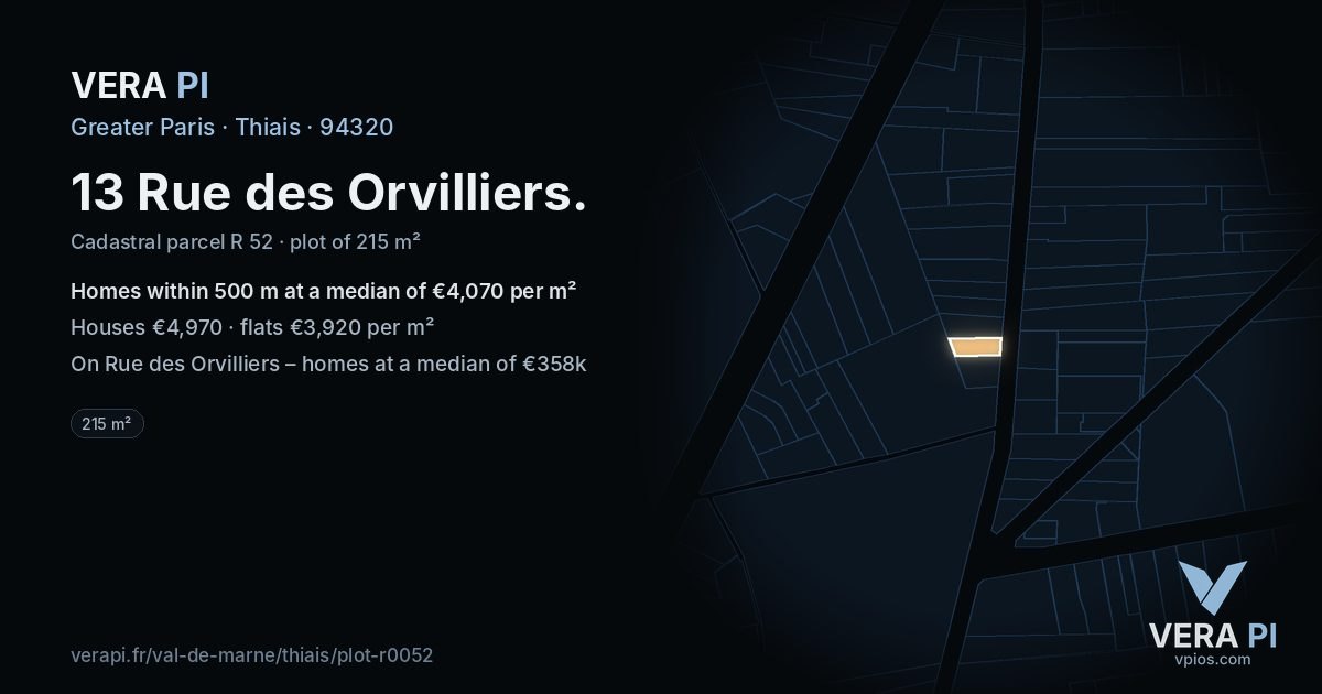 13 Rue des Orvilliers, Thiais at night – the plot lit, the parcels around coloured by the prices near them