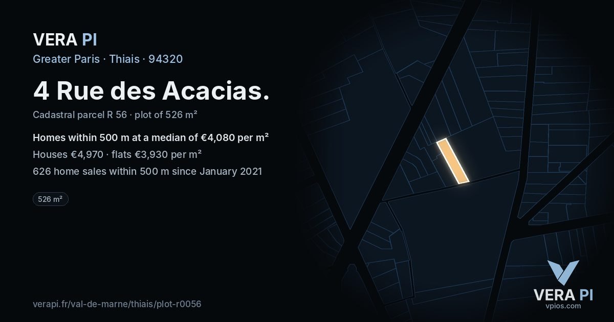 4 Rue des Acacias, Thiais at night – the plot lit, the parcels around coloured by the prices near them