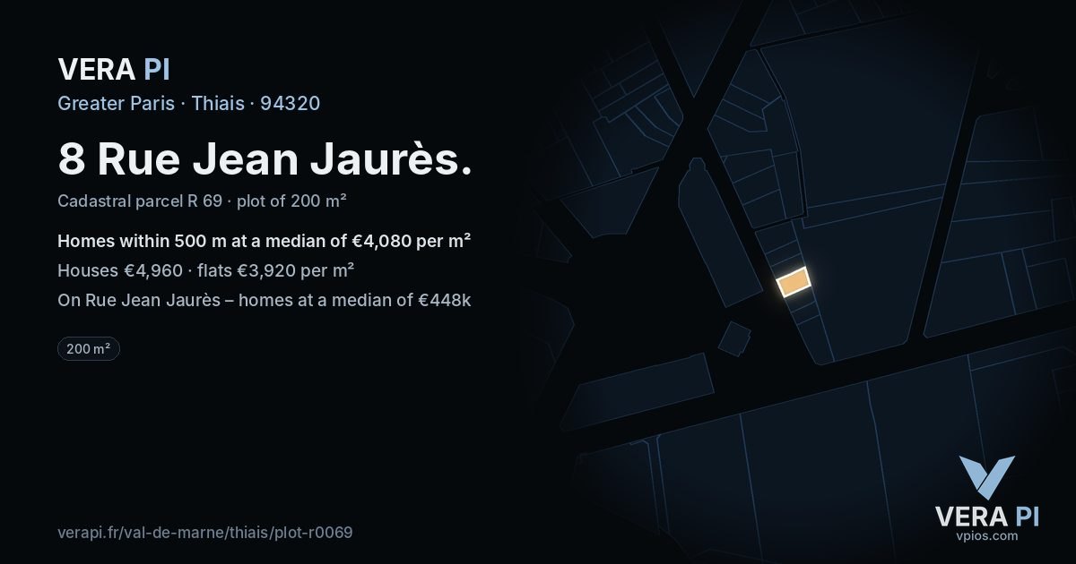 8 Rue Jean Jaurès, Thiais at night – the plot lit, the parcels around coloured by the prices near them