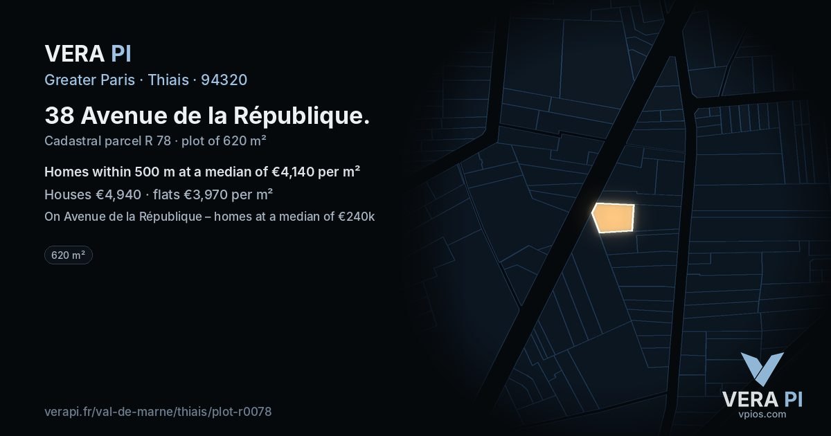 38 Avenue de la République, Thiais at night – the plot lit, the parcels around coloured by the prices near them
