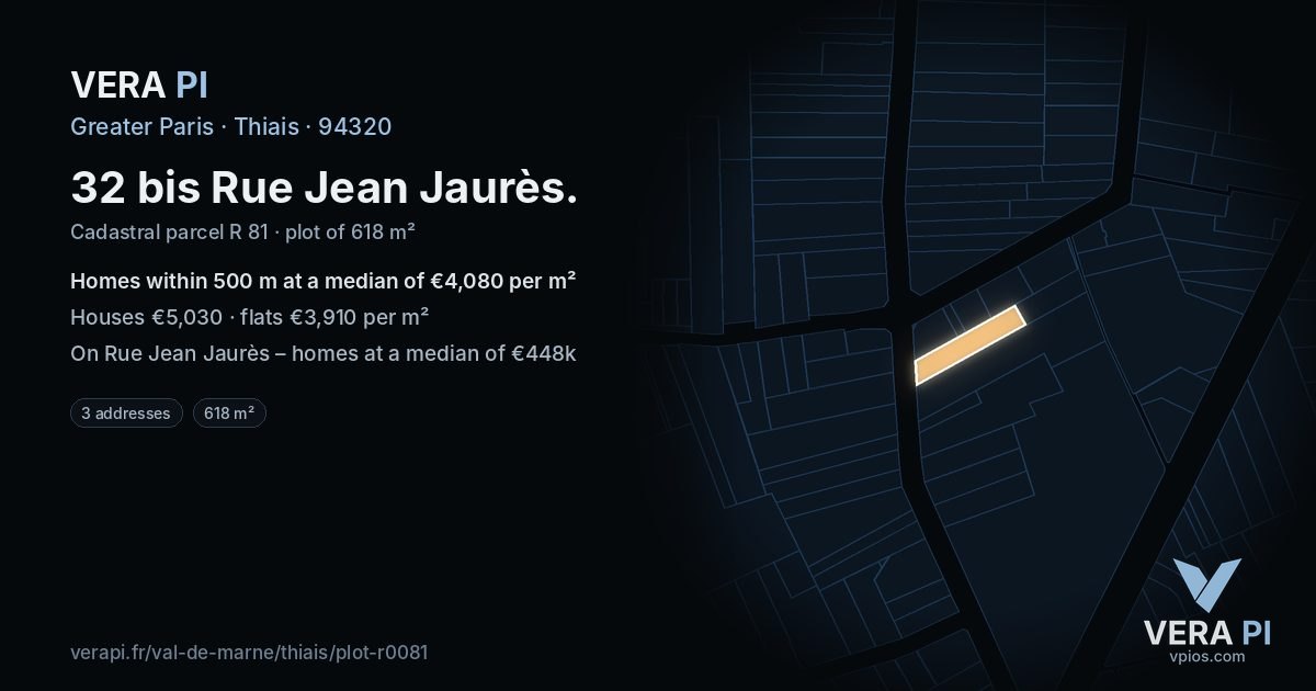 32 bis Rue Jean Jaurès, Thiais at night – the plot lit, the parcels around coloured by the prices near them
