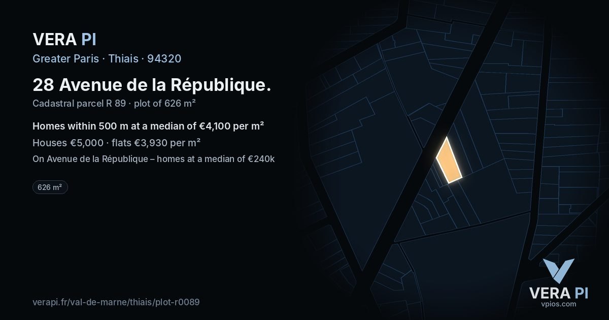 28 Avenue de la République, Thiais at night – the plot lit, the parcels around coloured by the prices near them