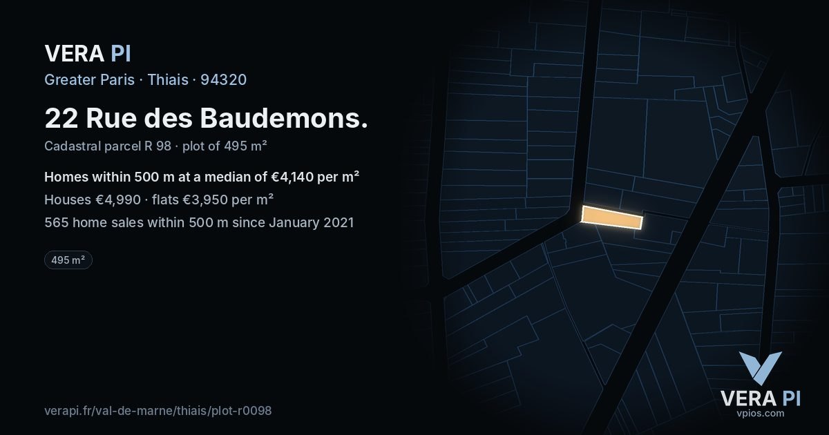 22 Rue des Baudemons, Thiais at night – the plot lit, the parcels around coloured by the prices near them