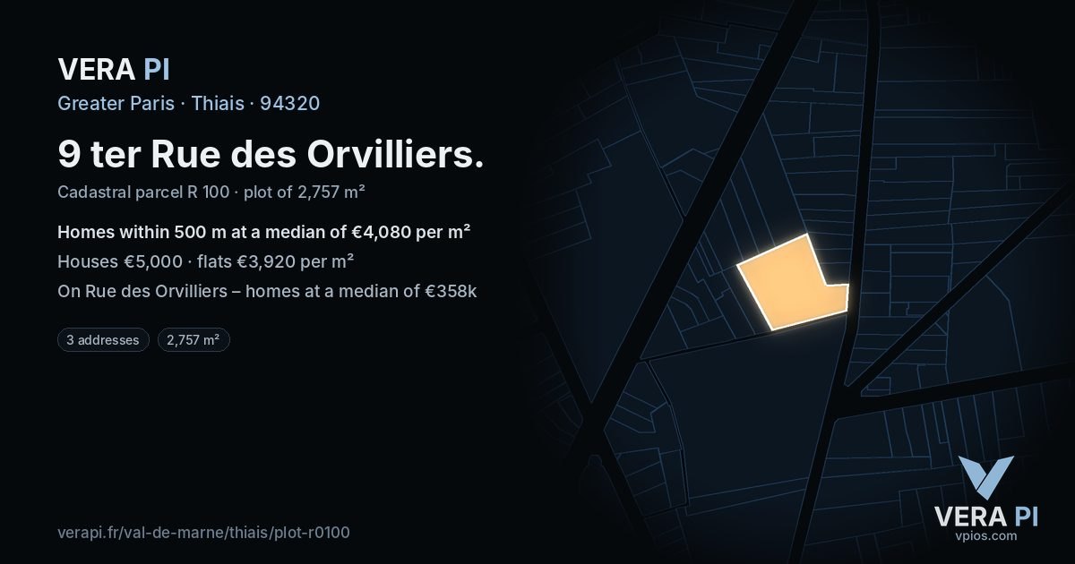 9 ter Rue des Orvilliers, Thiais at night – the plot lit, the parcels around coloured by the prices near them