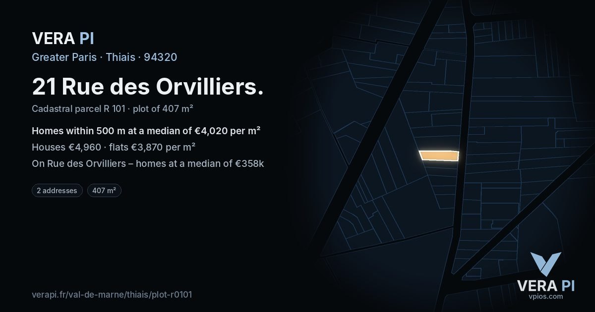 21 Rue des Orvilliers, Thiais at night – the plot lit, the parcels around coloured by the prices near them