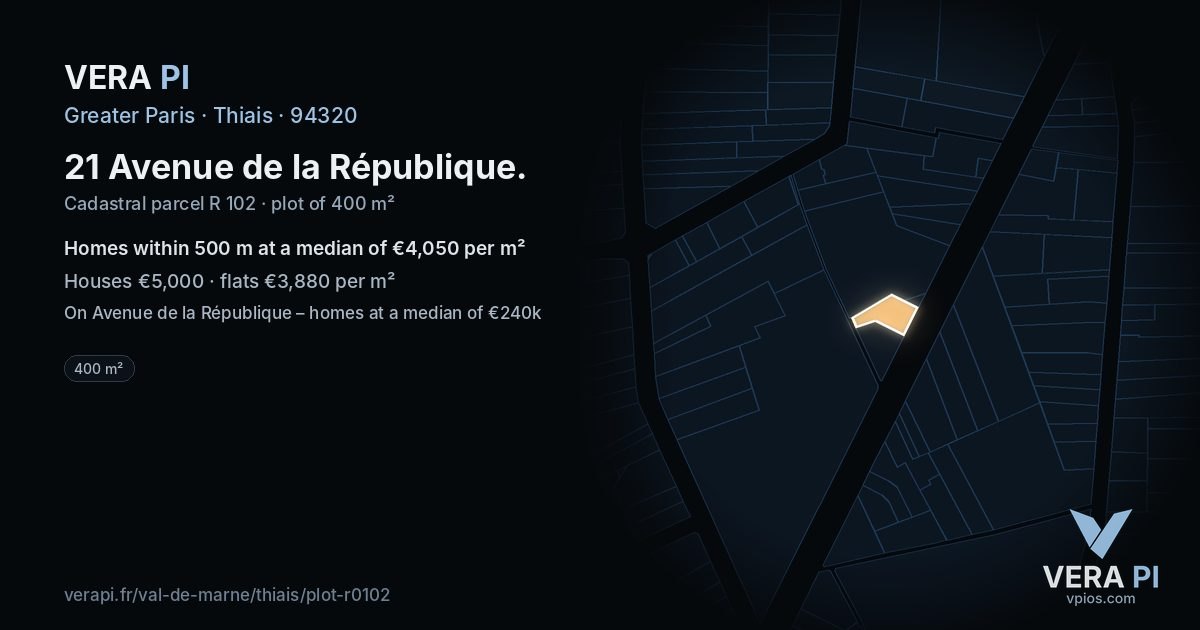 21 Avenue de la République, Thiais at night – the plot lit, the parcels around coloured by the prices near them