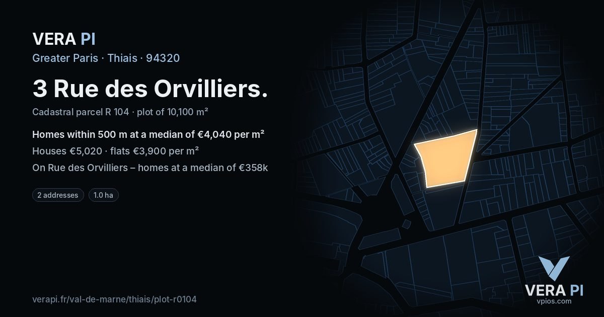 3 Rue des Orvilliers, Thiais at night – the plot lit, the parcels around coloured by the prices near them