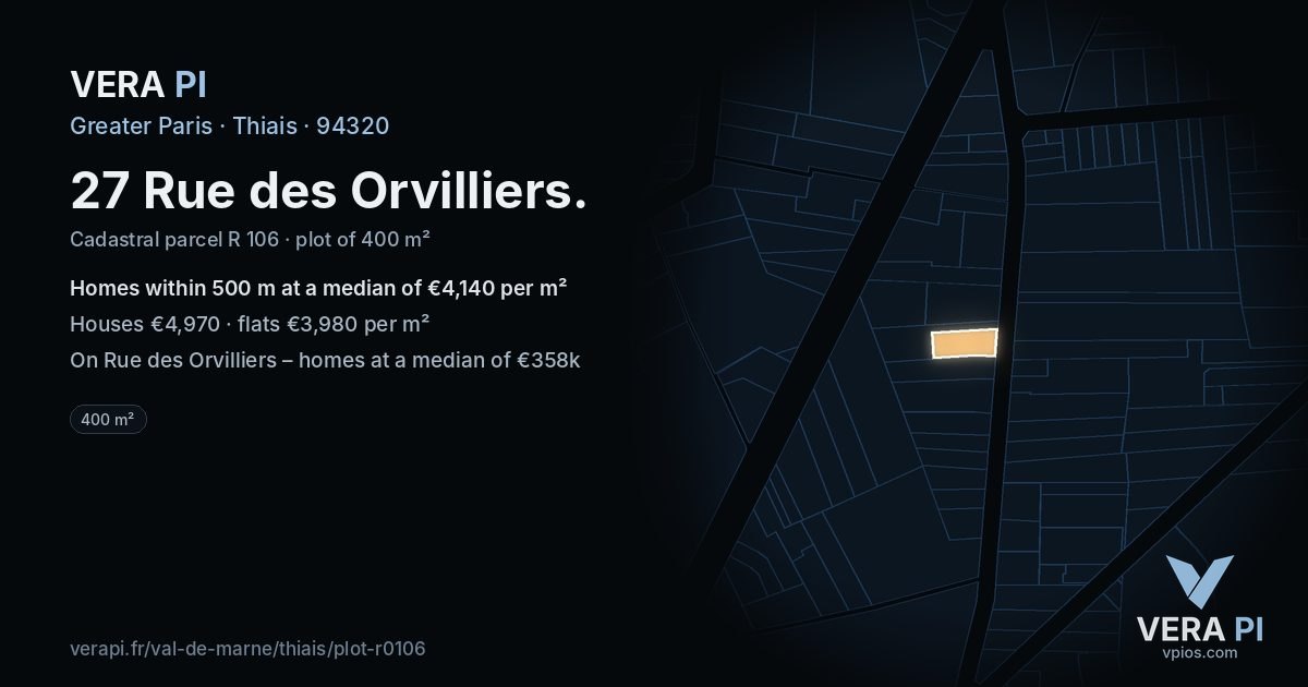 27 Rue des Orvilliers, Thiais at night – the plot lit, the parcels around coloured by the prices near them