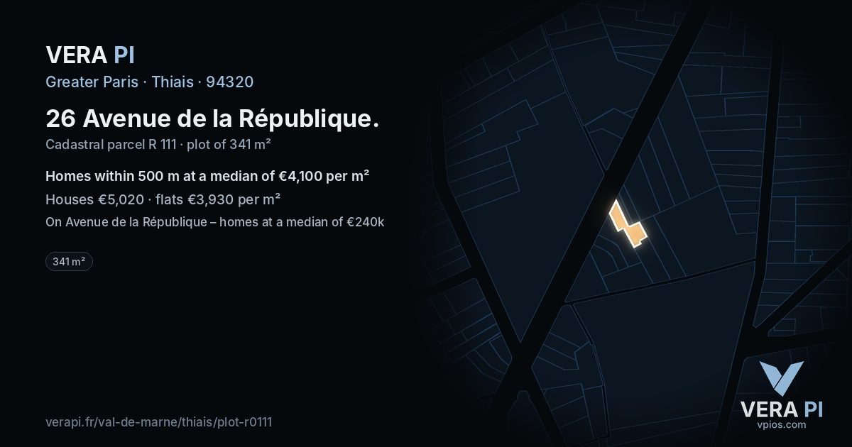 26 Avenue de la République, Thiais at night – the plot lit, the parcels around coloured by the prices near them