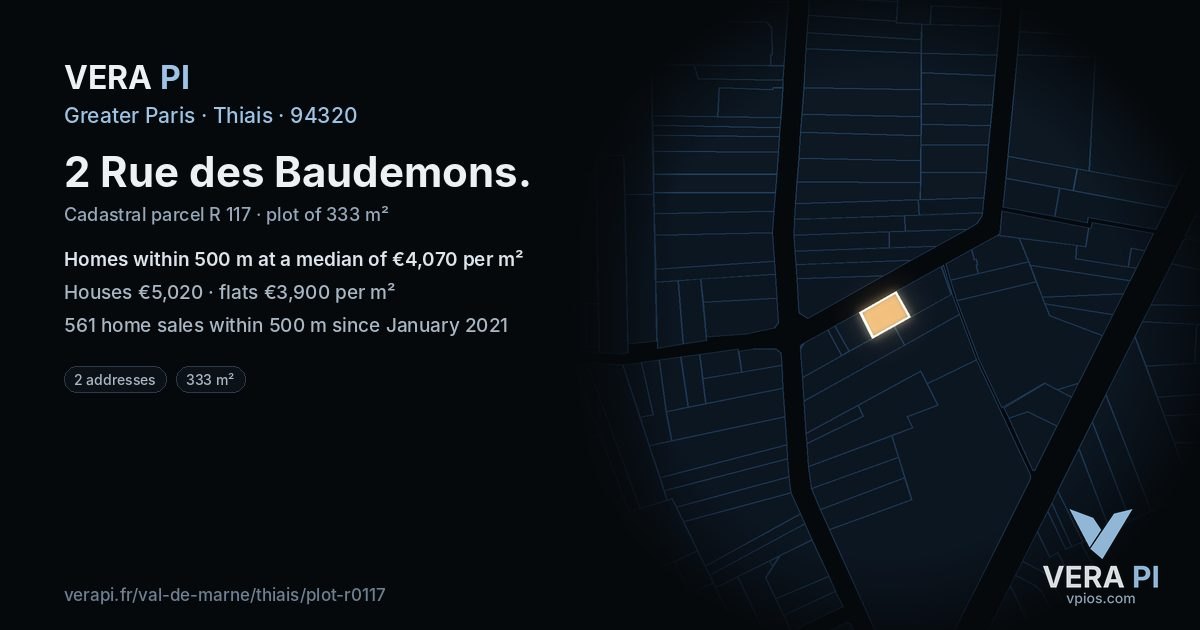2 Rue des Baudemons, Thiais at night – the plot lit, the parcels around coloured by the prices near them