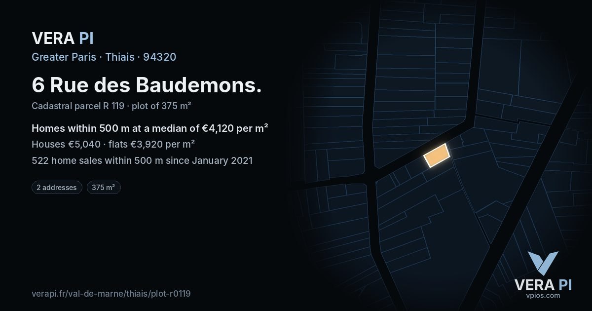 6 Rue des Baudemons, Thiais at night – the plot lit, the parcels around coloured by the prices near them