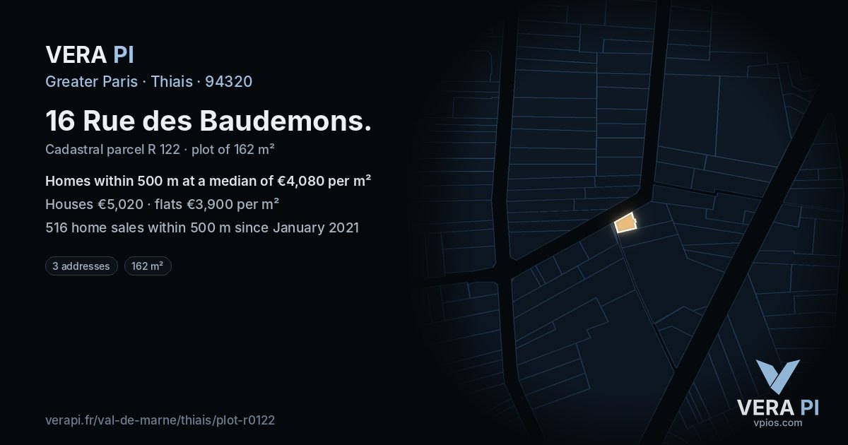 16 Rue des Baudemons, Thiais at night – the plot lit, the parcels around coloured by the prices near them