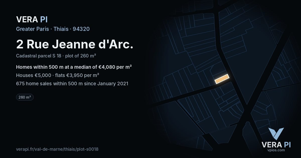 2 Rue Jeanne d'Arc, Thiais at night – the plot lit, the parcels around coloured by the prices near them