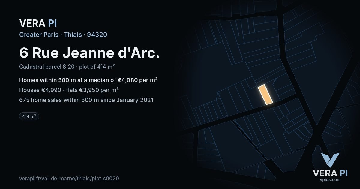 6 Rue Jeanne d'Arc, Thiais at night – the plot lit, the parcels around coloured by the prices near them