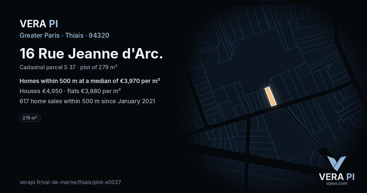 16 Rue Jeanne d'Arc, Thiais at night – the plot lit, the parcels around coloured by the prices near them