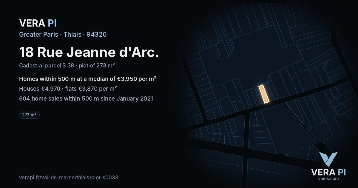18 Rue Jeanne d'Arc, Thiais at night – the plot lit, the parcels around coloured by the prices near them
