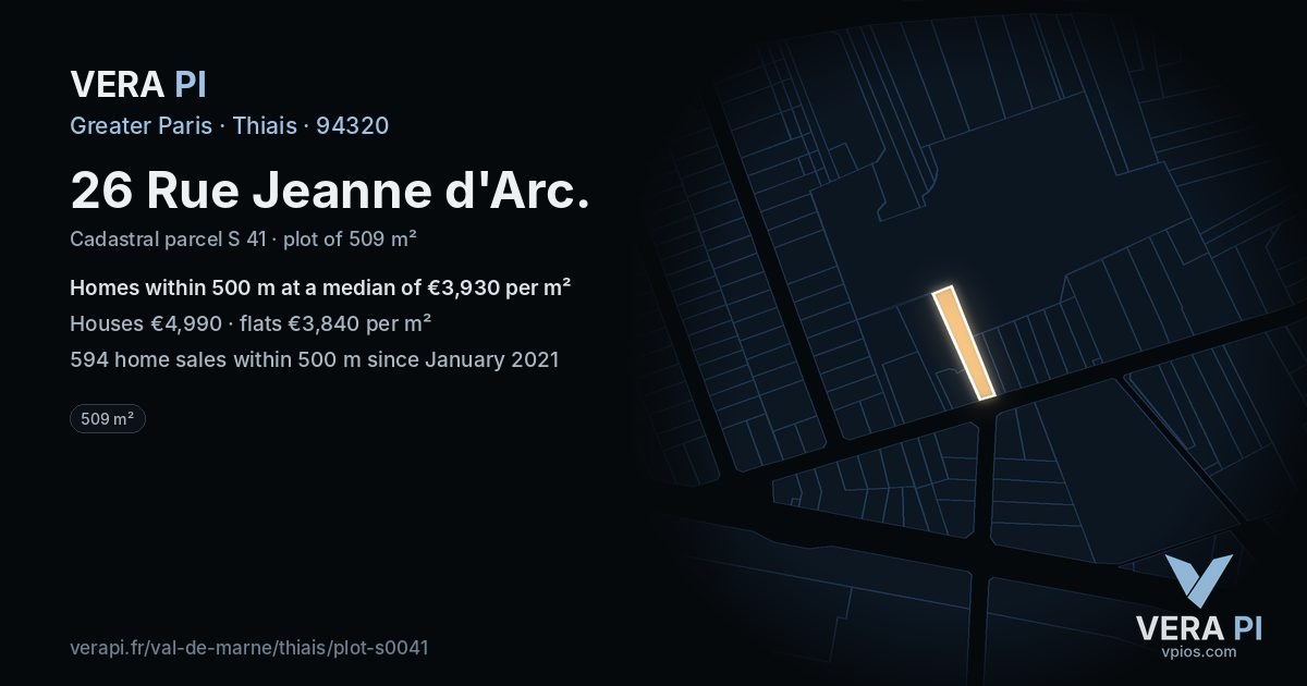26 Rue Jeanne d'Arc, Thiais at night – the plot lit, the parcels around coloured by the prices near them