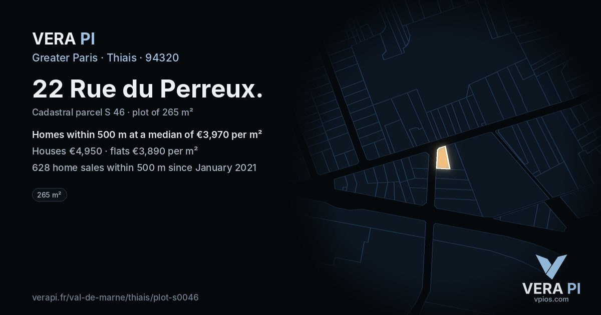 22 Rue du Perreux, Thiais at night – the plot lit, the parcels around coloured by the prices near them
