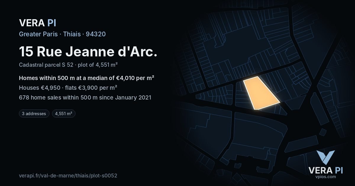 15 Rue Jeanne d'Arc, Thiais at night – the plot lit, the parcels around coloured by the prices near them