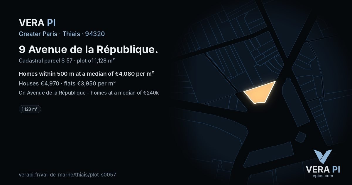 9 Avenue de la République, Thiais at night – the plot lit, the parcels around coloured by the prices near them