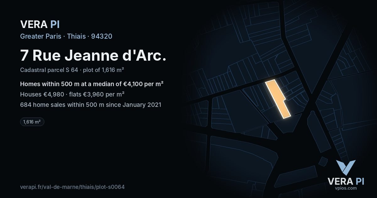 7 Rue Jeanne d'Arc, Thiais at night – the plot lit, the parcels around coloured by the prices near them