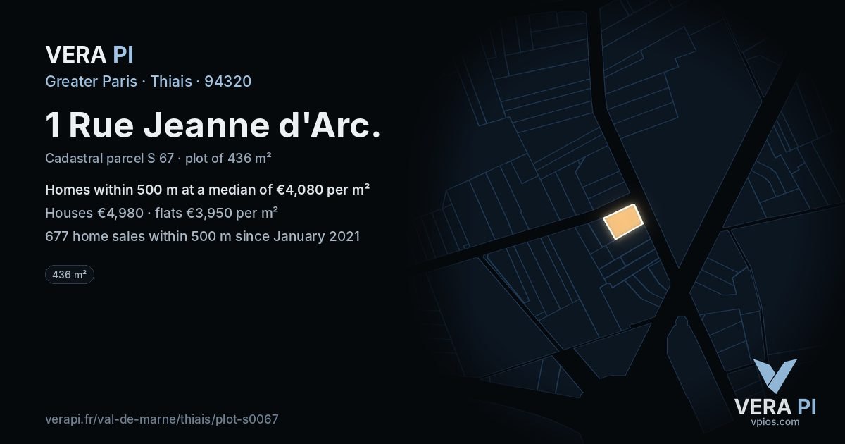 1 Rue Jeanne d'Arc, Thiais at night – the plot lit, the parcels around coloured by the prices near them