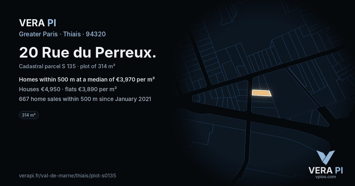 20 Rue du Perreux, Thiais at night – the plot lit, the parcels around coloured by the prices near them