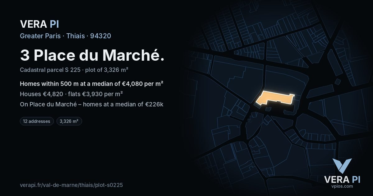 3 Place du Marché, Thiais at night – the plot lit, the parcels around coloured by the prices near them