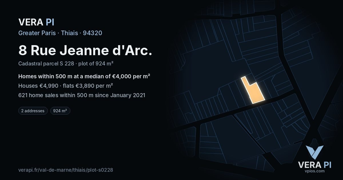 8 Rue Jeanne d'Arc, Thiais at night – the plot lit, the parcels around coloured by the prices near them