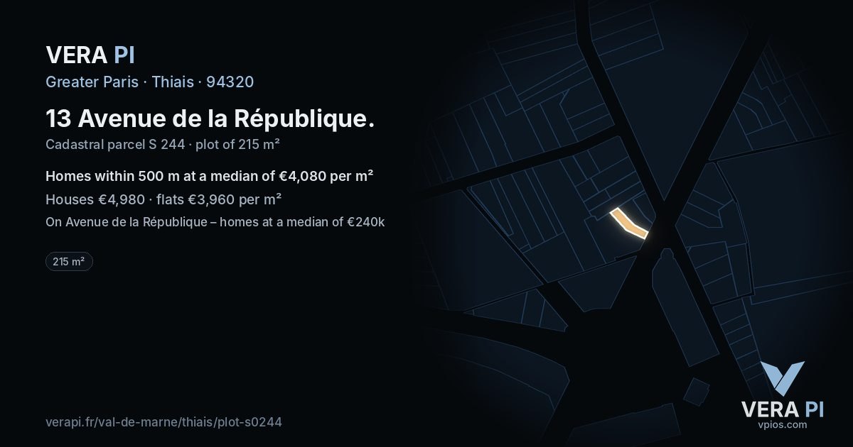 13 Avenue de la République, Thiais at night – the plot lit, the parcels around coloured by the prices near them