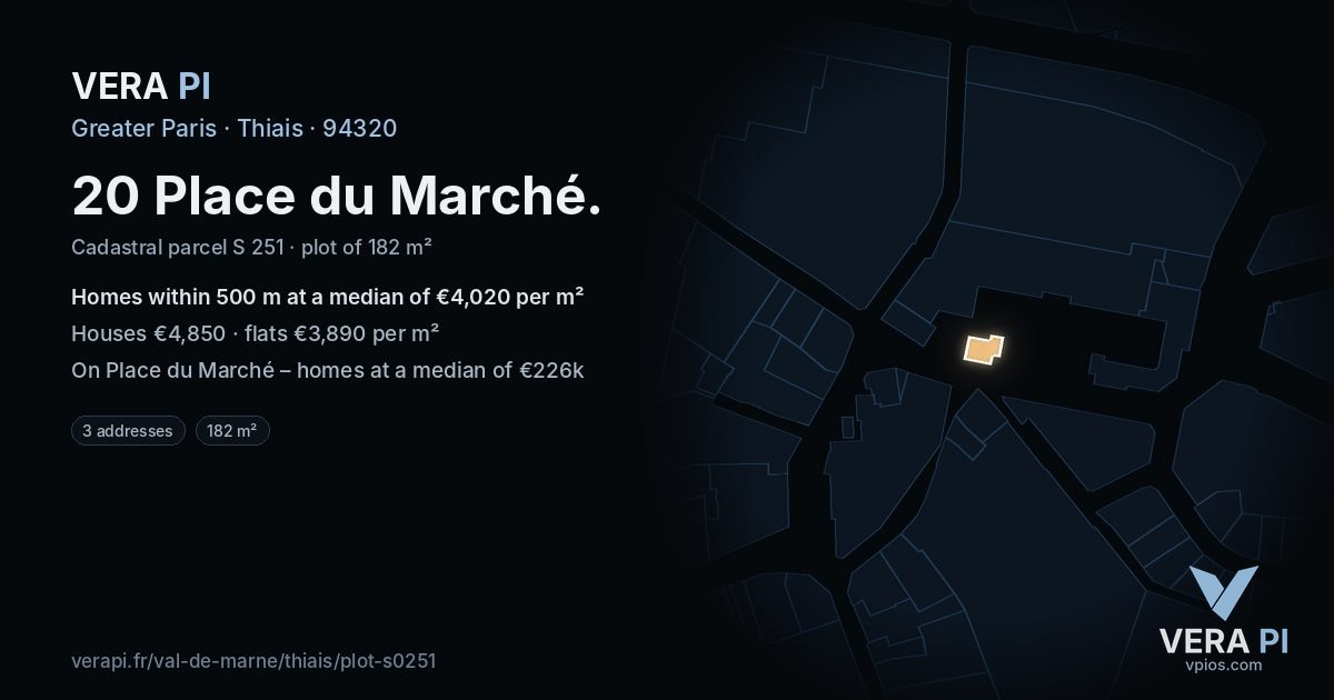 20 Place du Marché, Thiais at night – the plot lit, the parcels around coloured by the prices near them