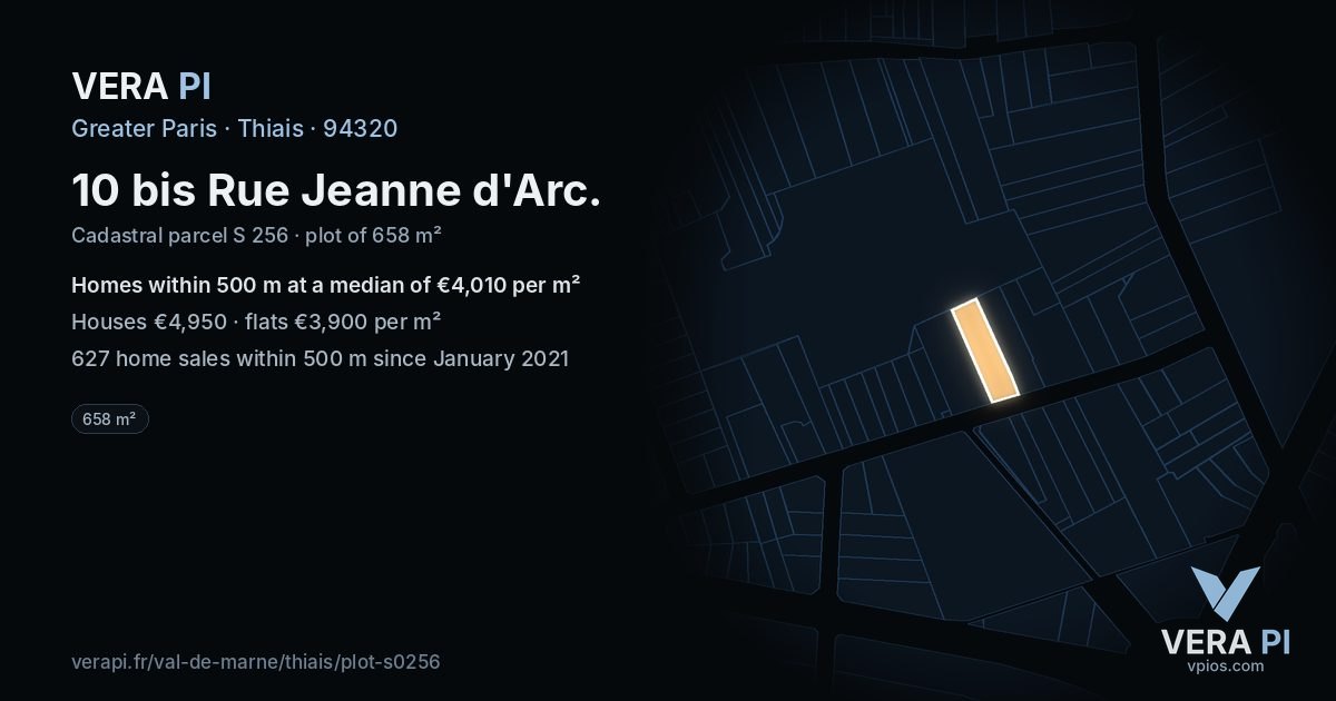 10 bis Rue Jeanne d'Arc, Thiais at night – the plot lit, the parcels around coloured by the prices near them