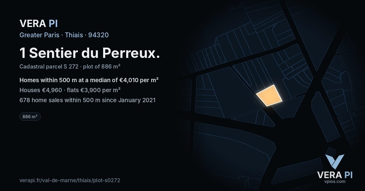 1 Sentier du Perreux, Thiais at night – the plot lit, the parcels around coloured by the prices near them